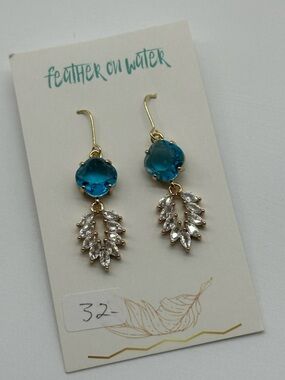 Gold-Plated Blue Crystal Leaf Drop Earrings